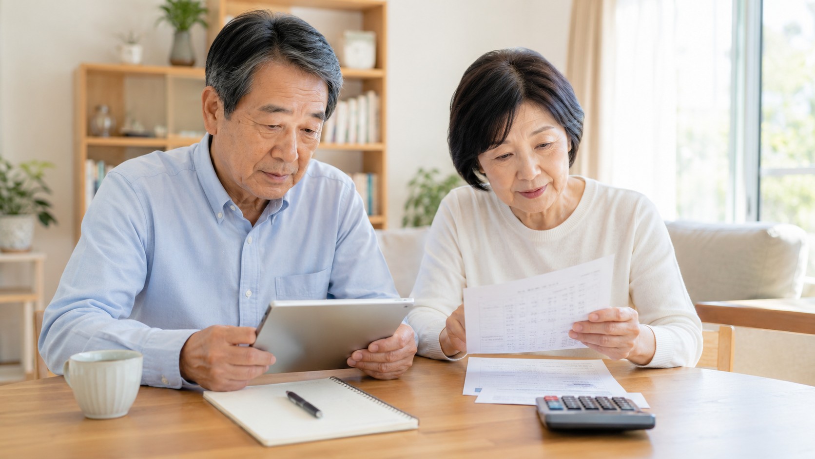 高齢夫婦が老後資金の資料と電卓を見ながら相談している様子