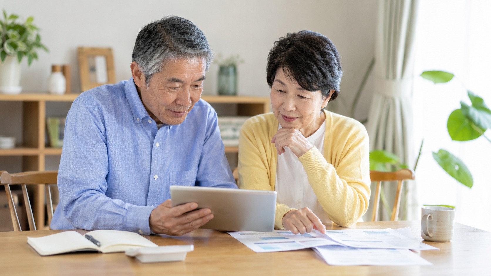 夫婦が年金の資料を見ながら受給額を確認している様子