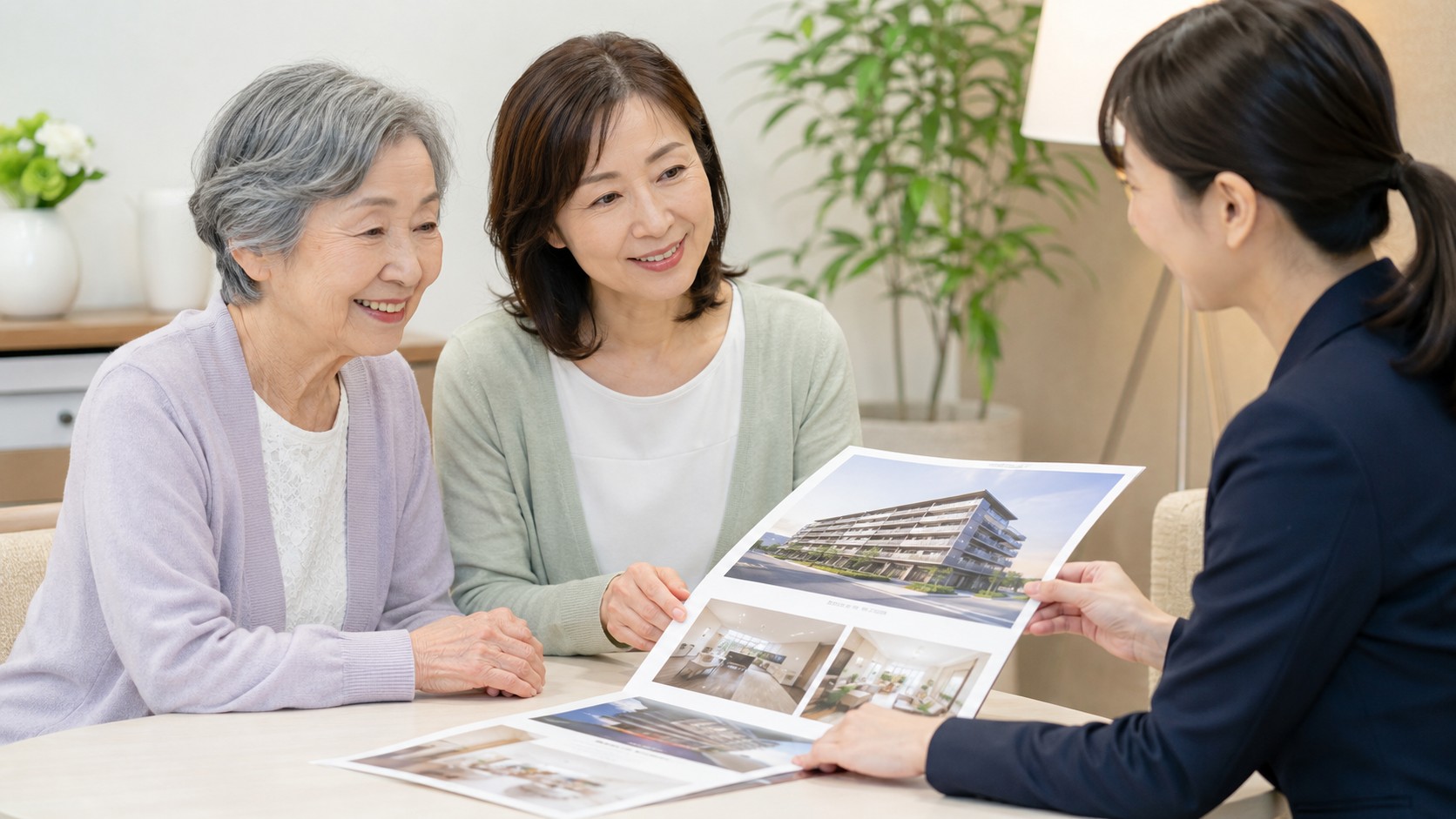 高齢夫婦と家族が住宅資料を見ながら住まいを相談している様子