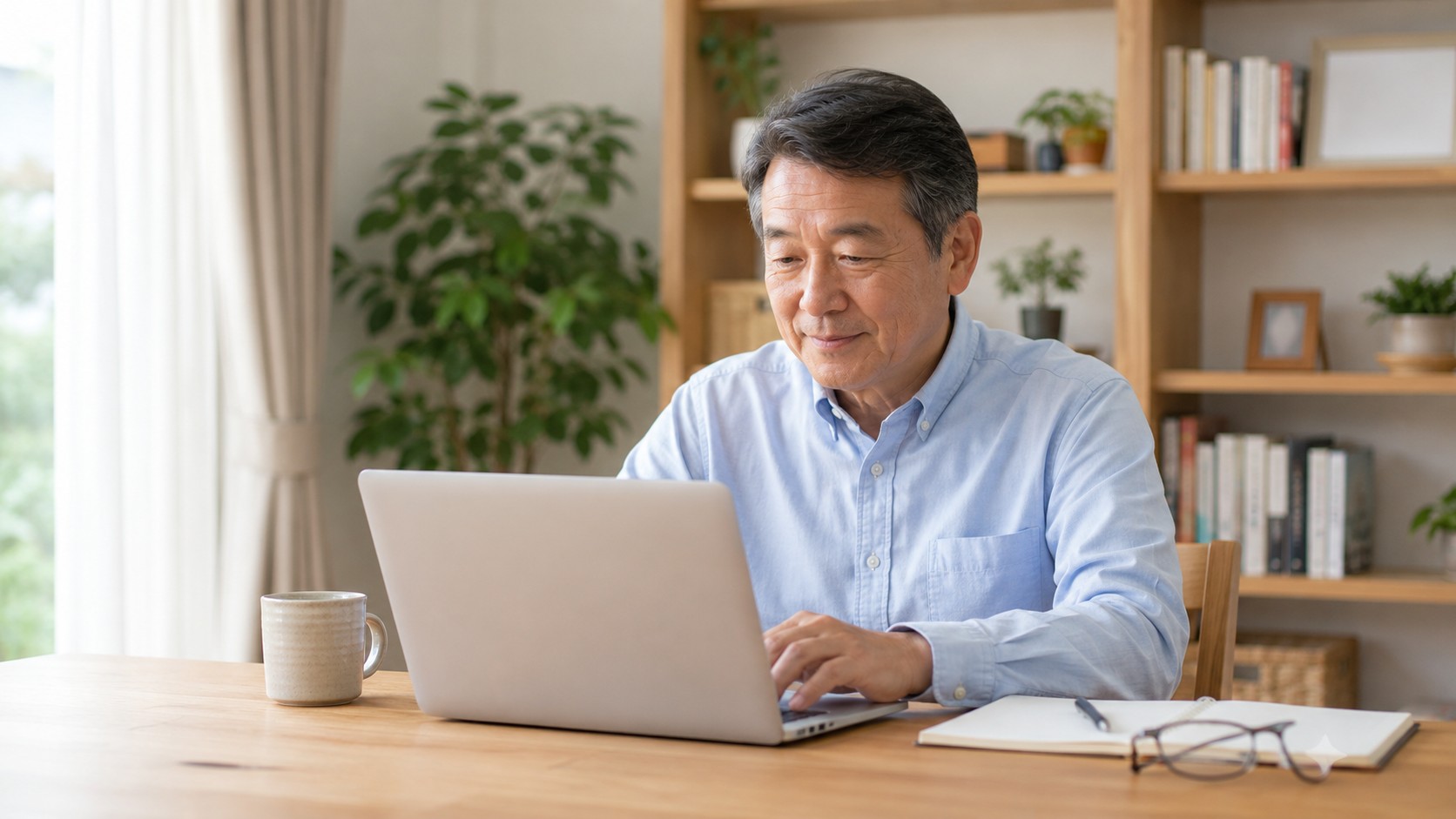 60代の人が自宅のワークスペースで仕事をしている様子